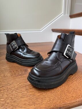 GANNI Monk Strap Chunky Creeper Ankle Boots‎ Punk Grunge Utility Leather 38
